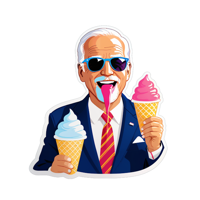 AI generated cartoon sticker for biden eating ice cream with sunglasses