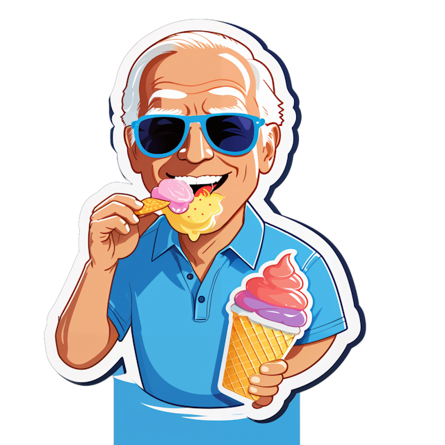 AI generated cartoon sticker for biden eating ice cream with sunglasses