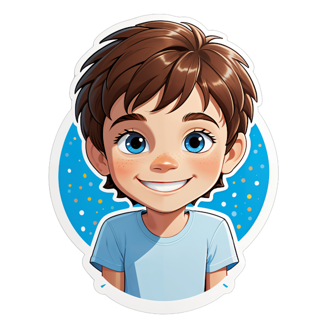 AI generated cartoon sticker for Boy 10 years old
Brown hair
Few freckles 
Blue eyes 
Smiling 
Birthday 