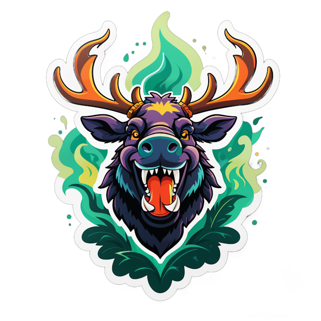 AI generated cartoon sticker for A stoned and grinning bull moose smoking a joint.