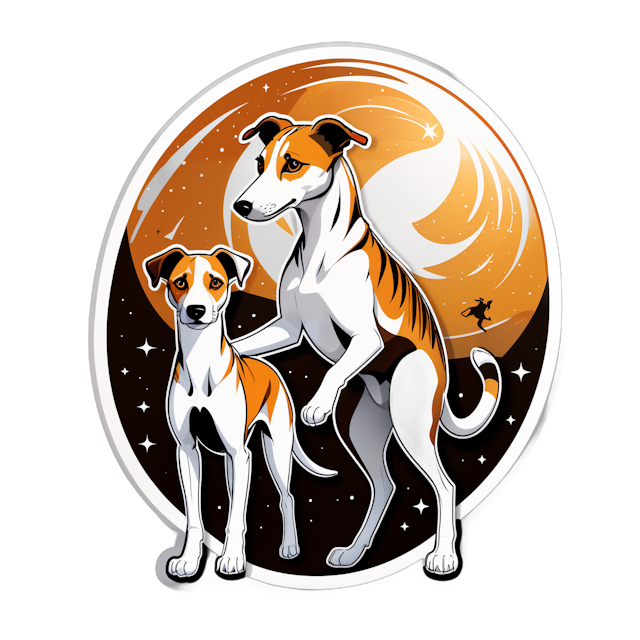AI generated cartoon sticker for White and brown blind whippet with tiger coloured whippet in the space