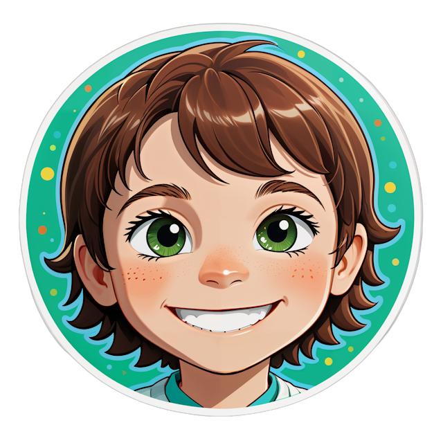 AI generated cartoon sticker for Boy 10 years old
Brown hairfreckles 
Blue green eyes
Smiling 
Birthday 