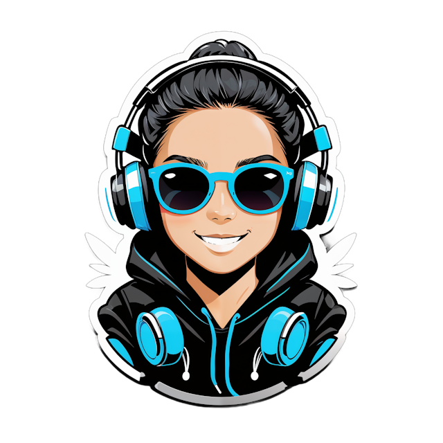 AI generated cartoon sticker for A chherful ful headphones on black hoodie and black sunglasses