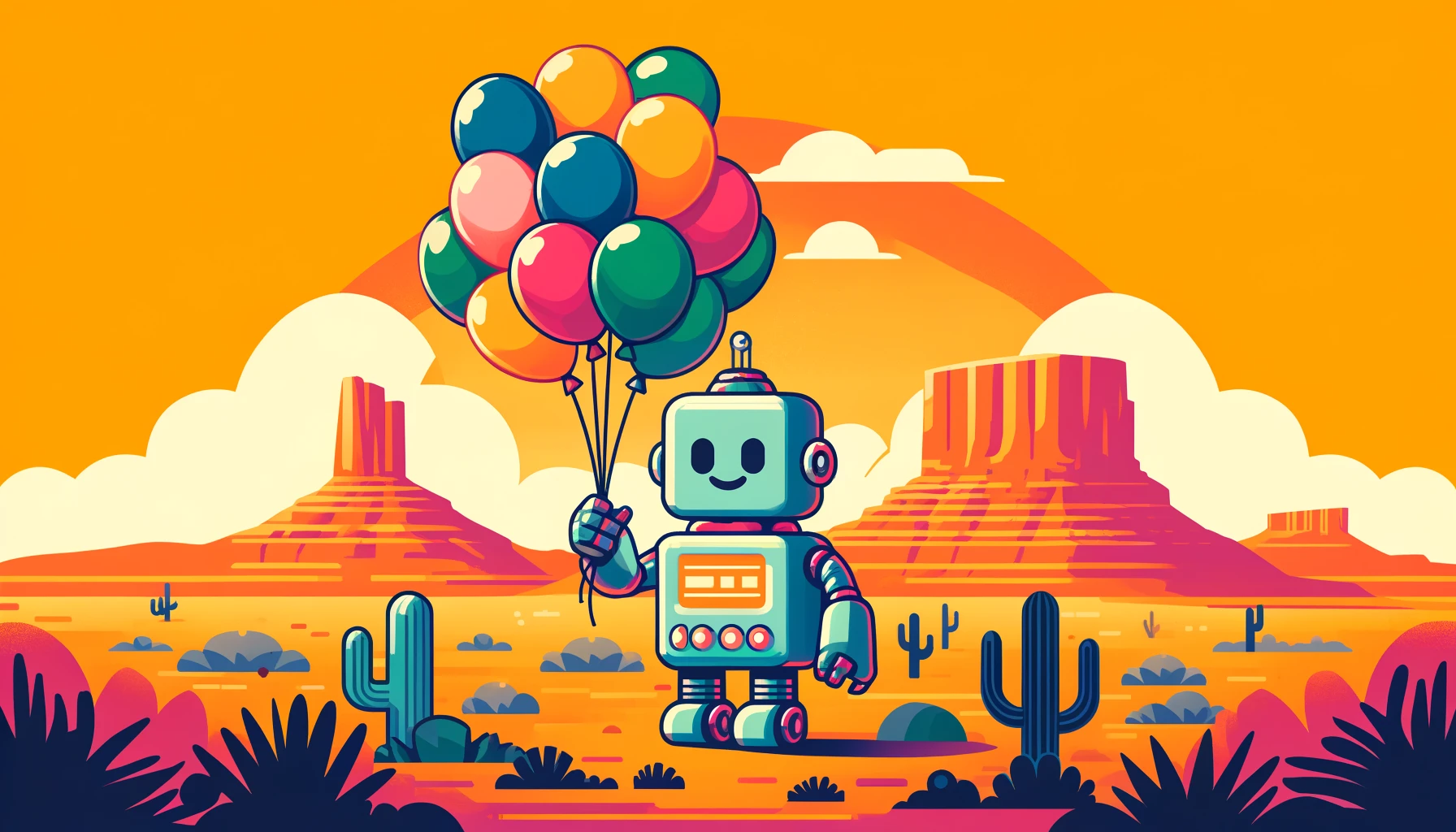 Robot with balloons for happy birthday with for special person