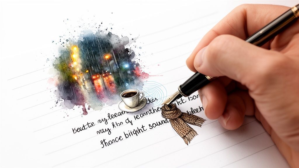 A hand uses a fountain pen to draw and write on lined paper, featuring a rainy city scene, coffee, and a scarf.