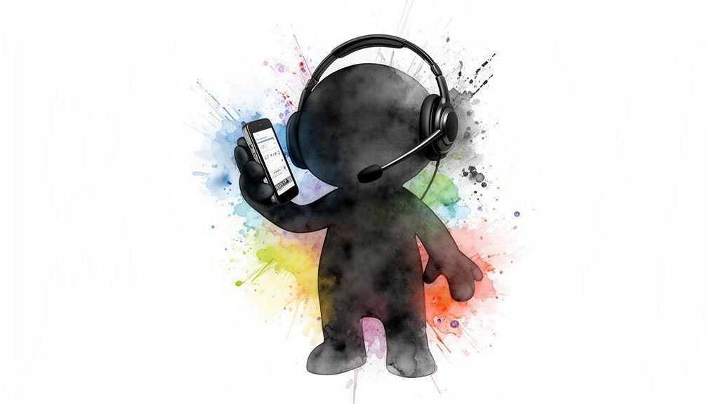 A stylized dark figure with a headset and smartphone, surrounded by colorful watercolor splashes.