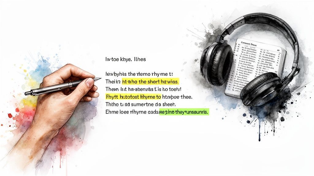 A hand writes lyrics with a pen, next to headphones and an open book with text.