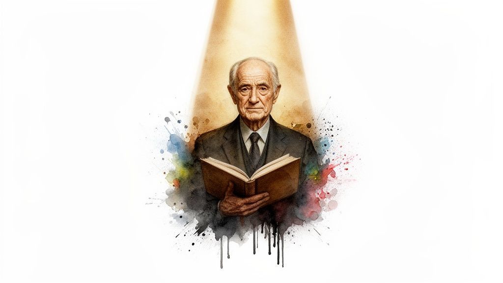 A watercolor painting of an elderly man in a suit holding an open book under a spotlight, surrounded by colorful splatters.