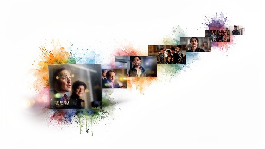 A vibrant collage of multiple diverse film and video stills, integrated with colorful watercolor splashes.