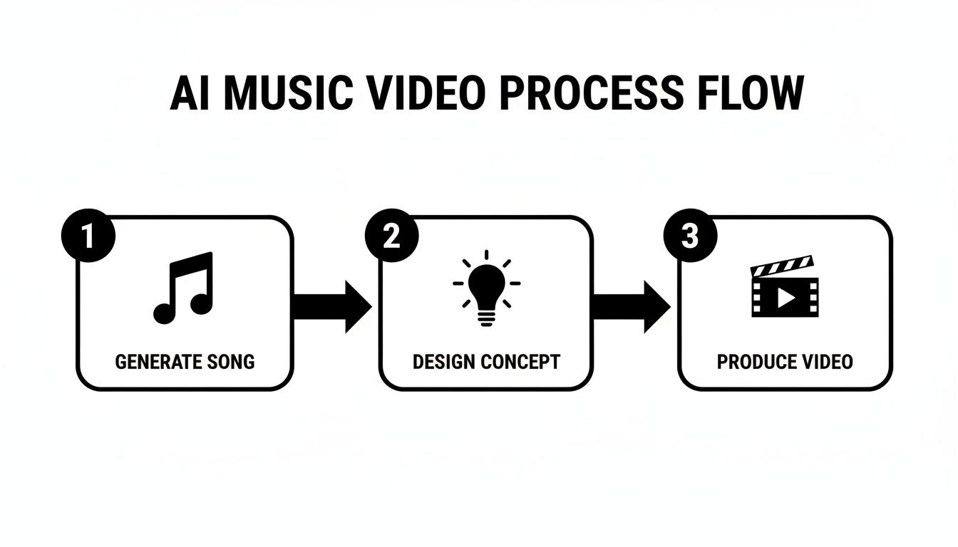 A flowchart illustrates the AI music video creation process in three steps: Generate Song, Design Concept, and Produce Video.