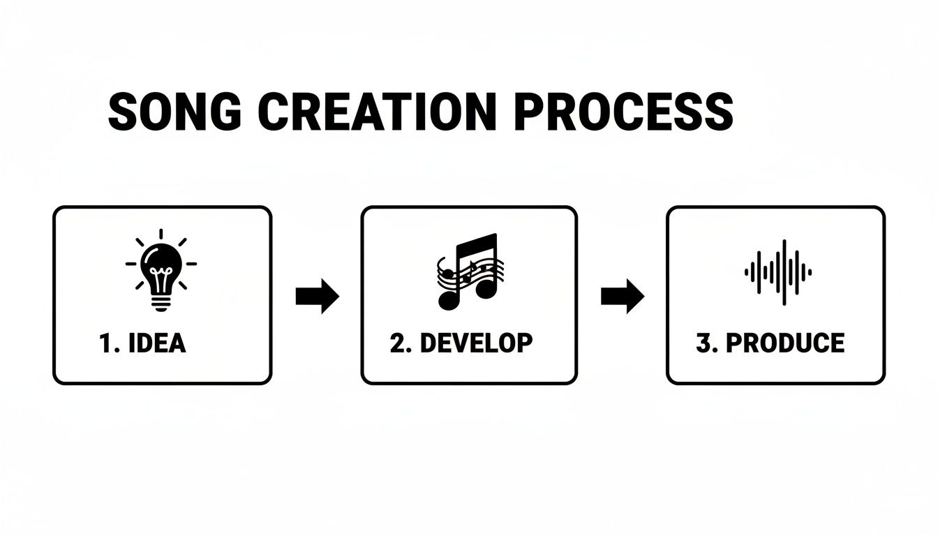 A clear diagram illustrating the song creation process with steps: Idea, Develop, and Produce.