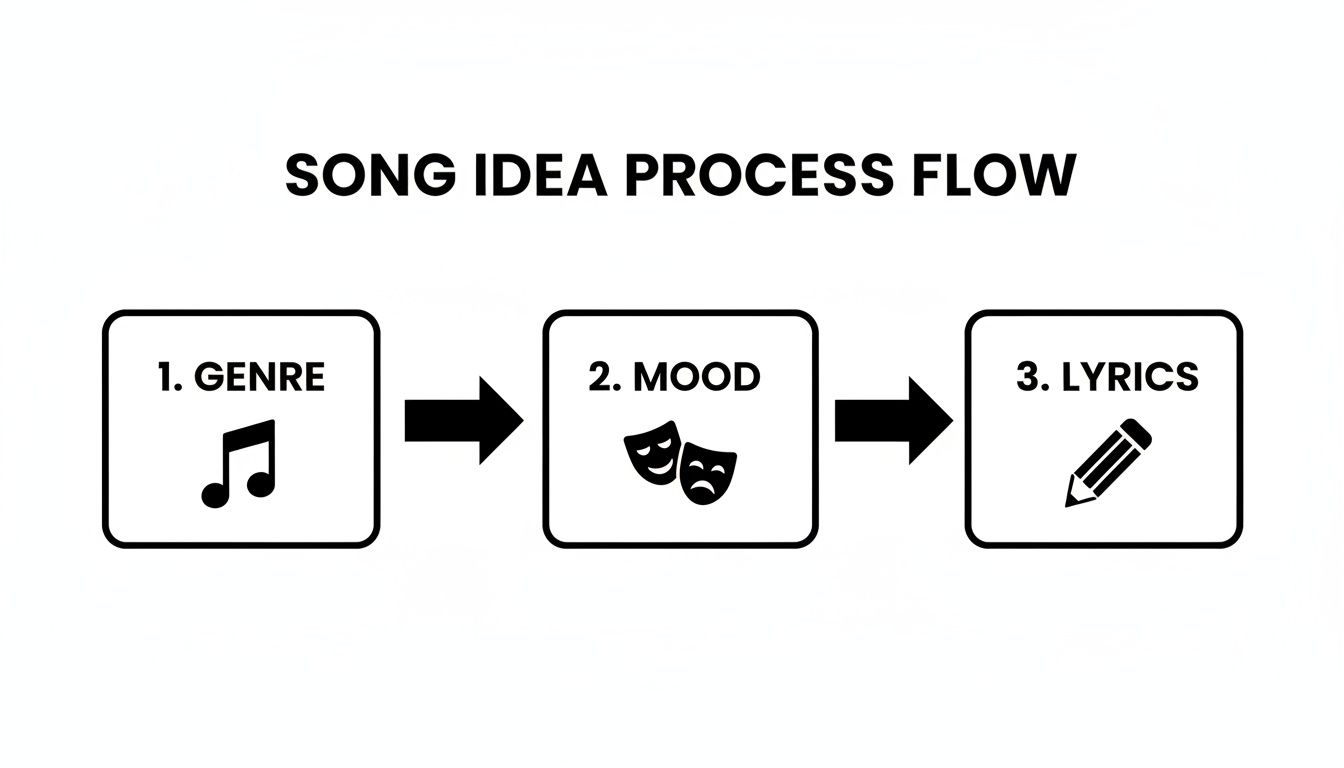 A black and white process flow diagram illustrating three steps for song idea generation: Genre, Mood, and Lyrics.