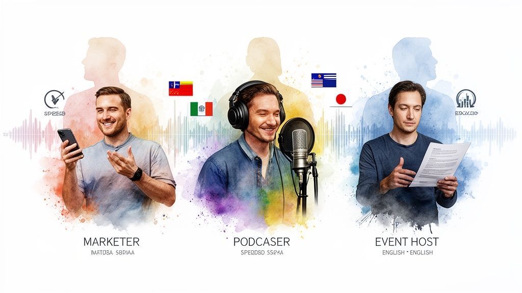 Three men demonstrating professional roles like marketer, podcaster, and event host with audio wave graphics.