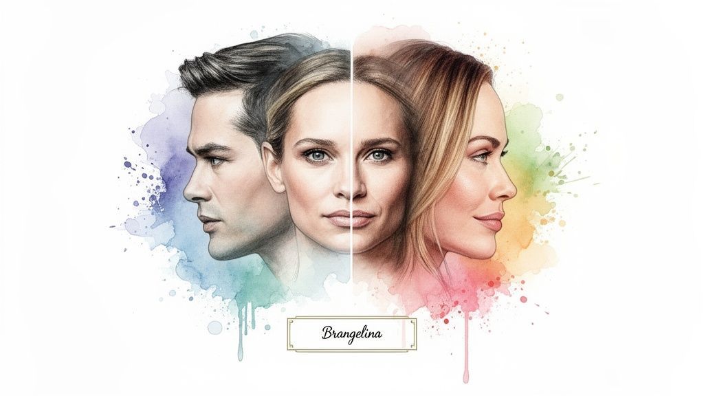 A watercolor portrait combining a man's profile and two women's faces, labeled 'Brangelina'.