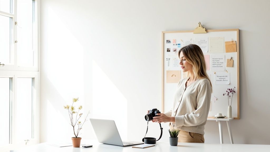 A social media influencer recording a video in a studio setting, showcasing a professional brand presence.