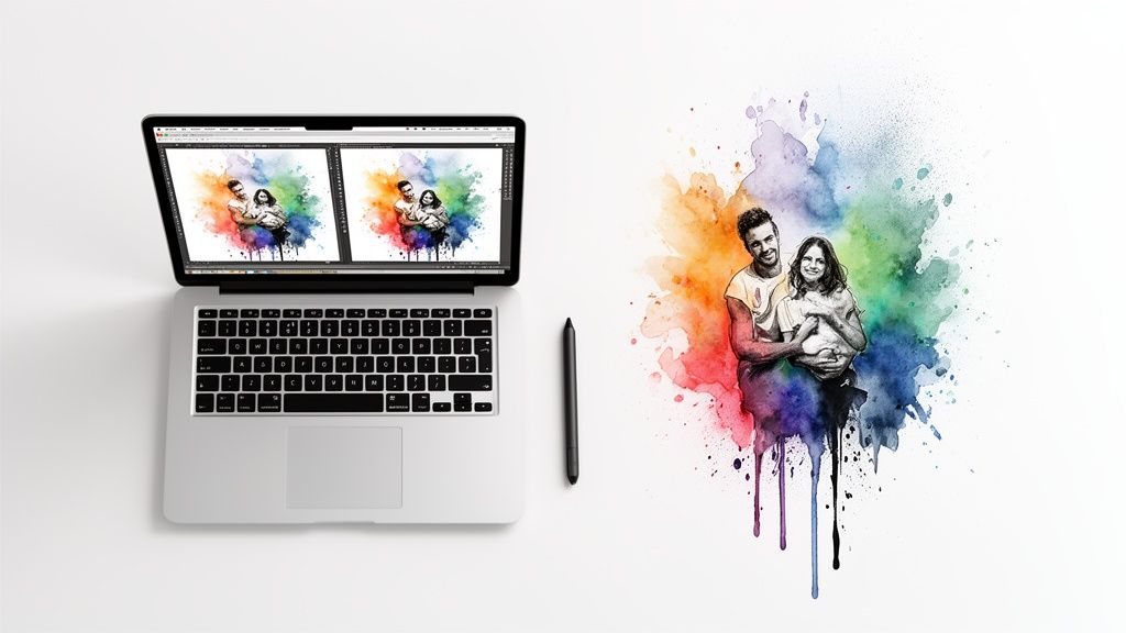 A laptop and stylus next to a vibrant watercolor image of a couple and baby, symbolizing digital art creation.