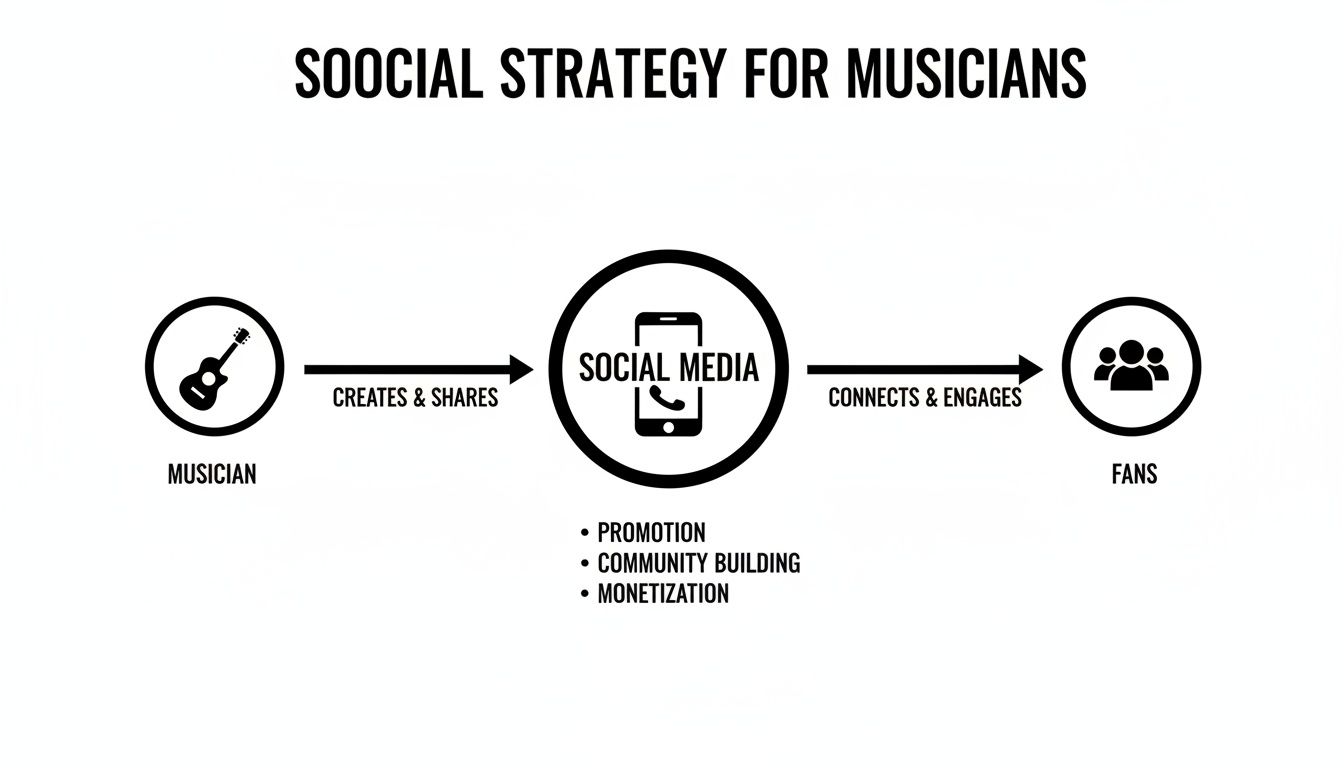 Flowchart illustrating a social media strategy for musicians to create, share, and engage with fans.