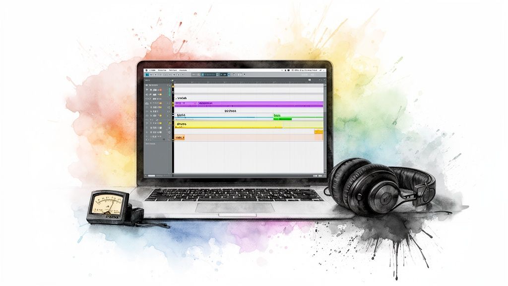 Laptop with music production software, headphones, and an analog meter on a watercolor background.