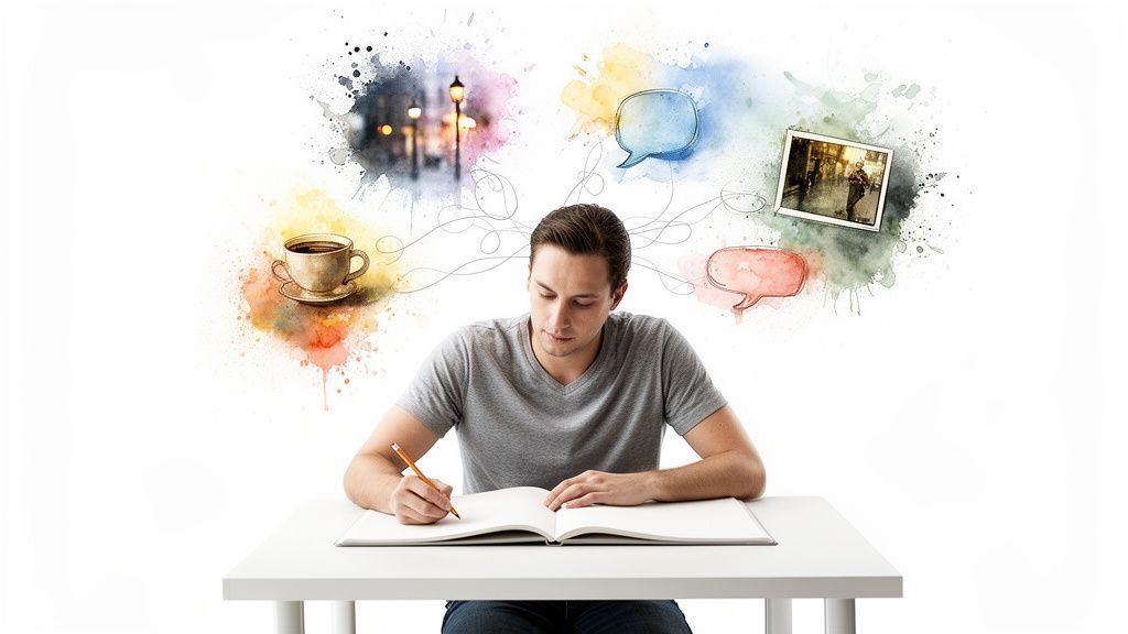 A man writing in a notebook, with colorful watercolor splashes representing creative thoughts and inspiration.