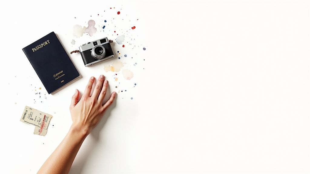Travel essentials flat lay with passport, vintage camera, tickets and hand reaching on white background