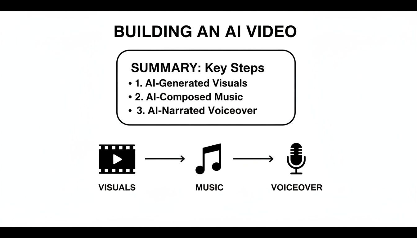 A diagram illustrating the key steps for building an AI video: AI-generated visuals, AI-composed music, and AI-narrated voiceover.