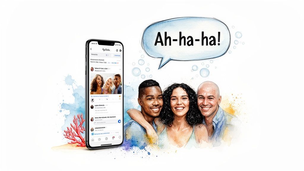 Diverse friends laughing, with a social media app on a smartphone and watercolor art.