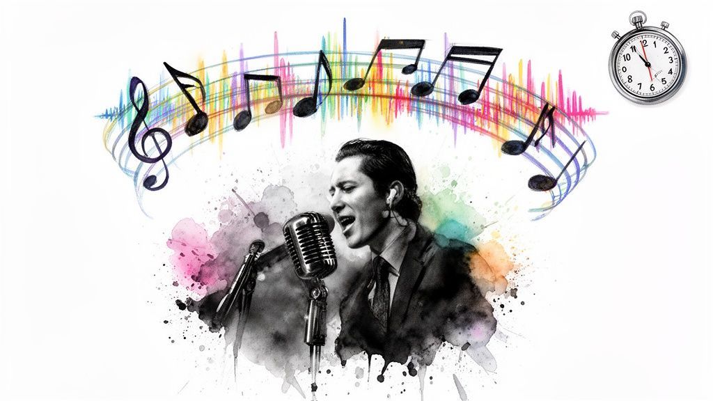 A singer performs into a vintage microphone with colorful musical notes, sound waves, and a stopwatch.