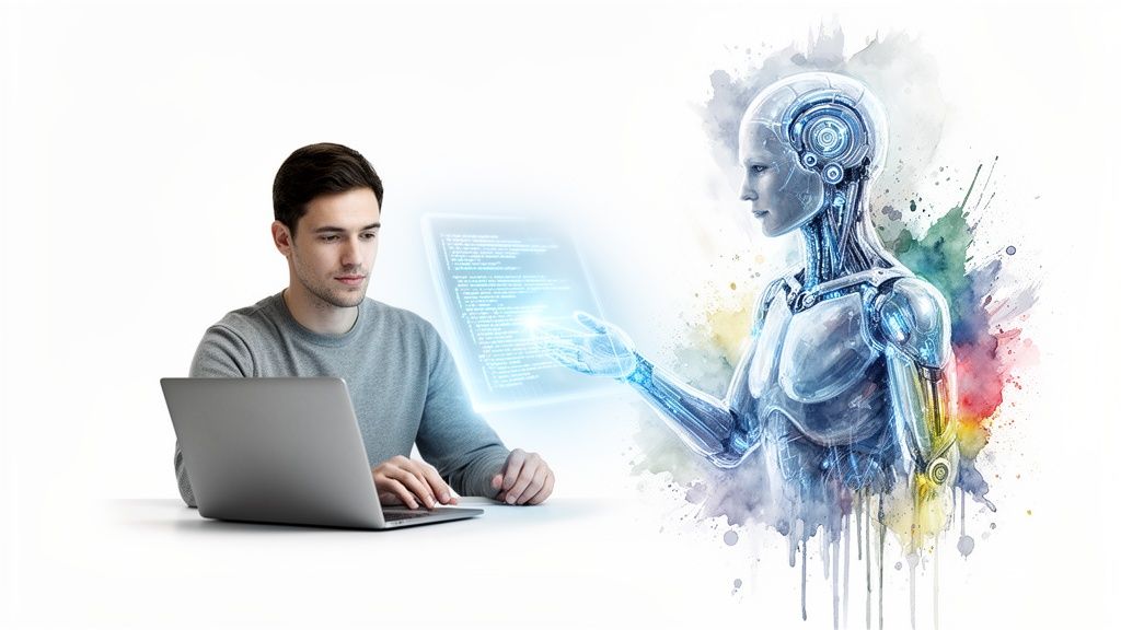 A man works on a laptop, interacting with a humanoid AI robot displaying code, symbolizing human-AI collaboration.