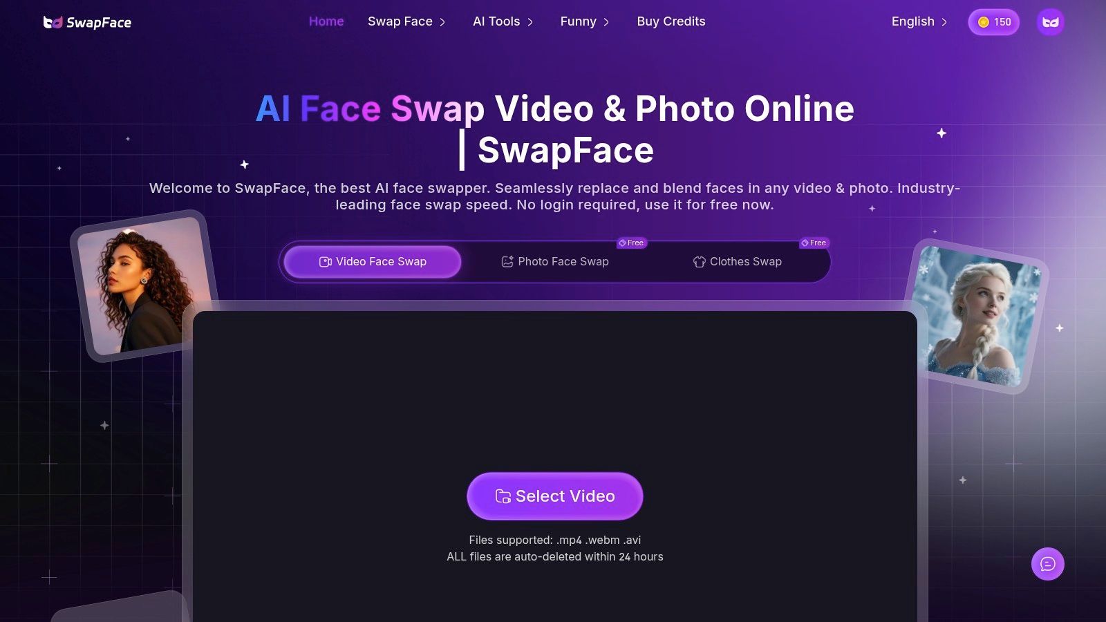 A screenshot of the SwapFaces.ai interface showing its image upload and face-swapping tool.