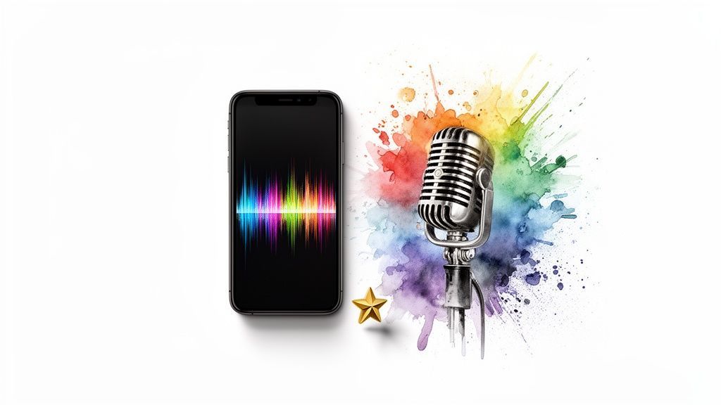 A smartphone with a vibrant sound wave next to a classic microphone and a gold star.