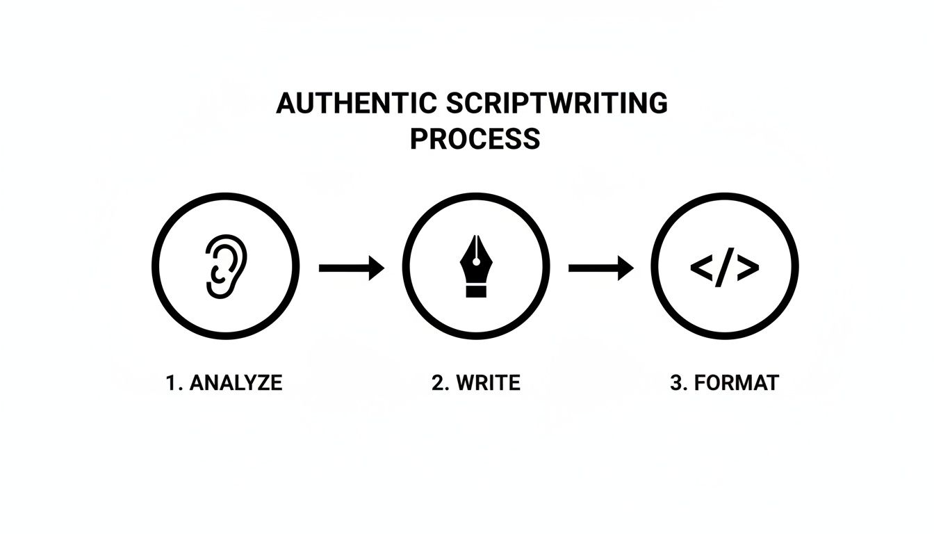 A diagram illustrating the authentic scriptwriting process with steps: analyze, write, and format.