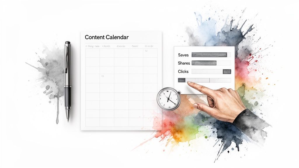 A content calendar, pen, stopwatch, and a hand tracking social media analytics.