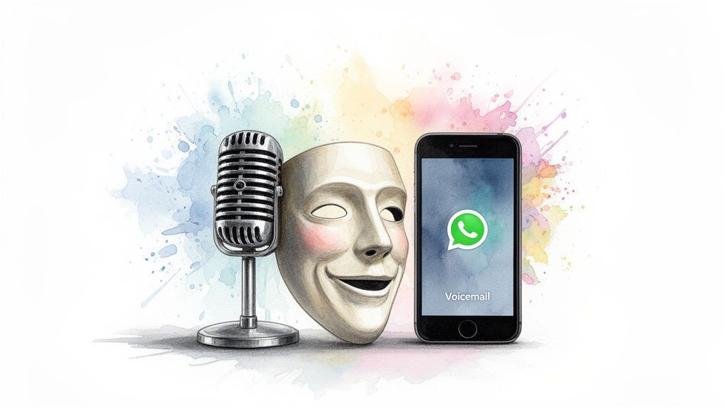 A microphone, smiling mask, and smartphone with WhatsApp Voicemail, against a colorful watercolor splash.
