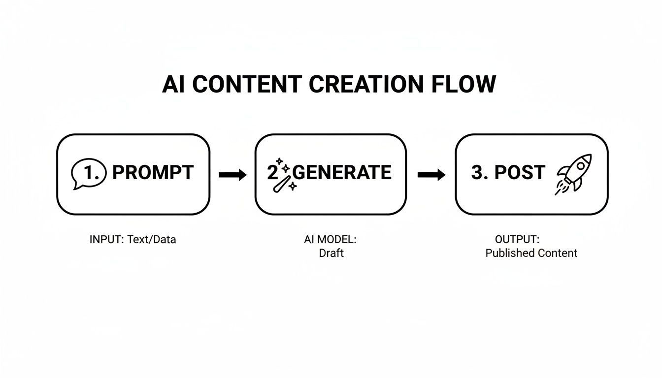 Flowchart detailing the AI content creation process: Prompt, Generate, and Post steps.