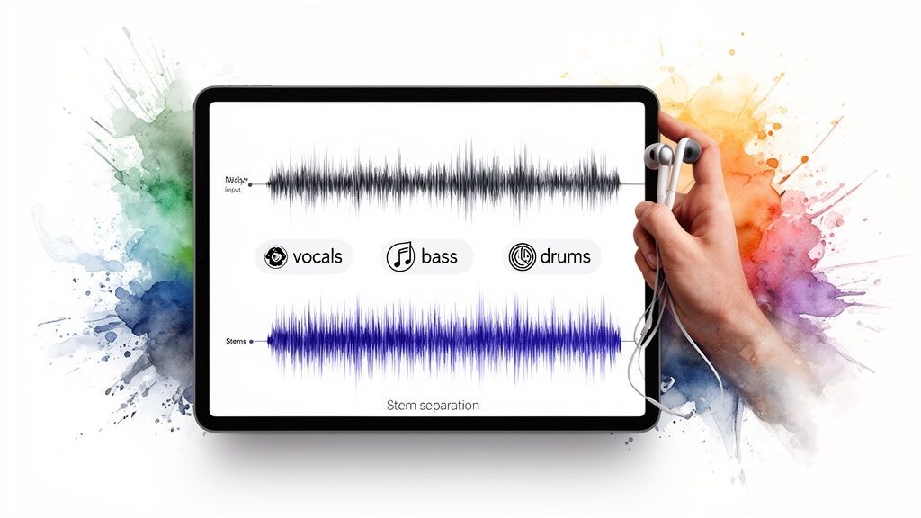 A tablet displays audio stem separation, showing input sound waves split into vocals, bass, and drums. A hand holds earbuds.