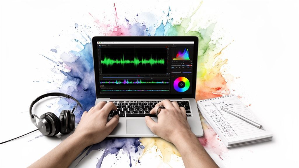 Hands using a laptop with creative software, flanked by headphones, a notebook, and vibrant watercolor splashes.