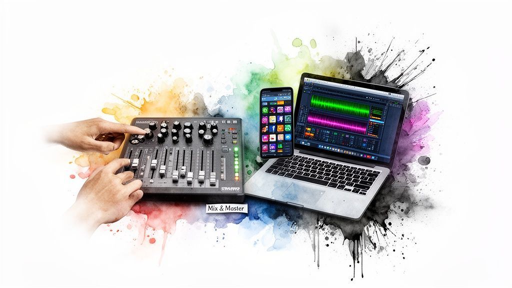 Hands operate an audio mixer next to a smartphone and laptop displaying music production software.