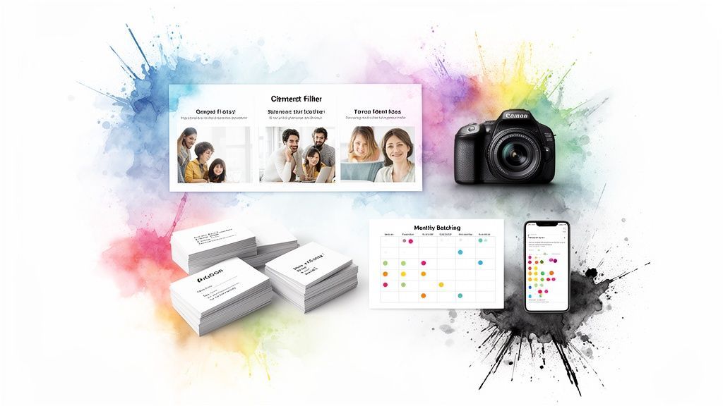A colorful collage featuring business cards, a camera, digital presentation, and social media scheduling tools.