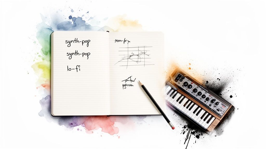 An open notebook with 'synth-pop' and 'lo-fi' genres, a pencil, and a synthesizer on a watercolor background.