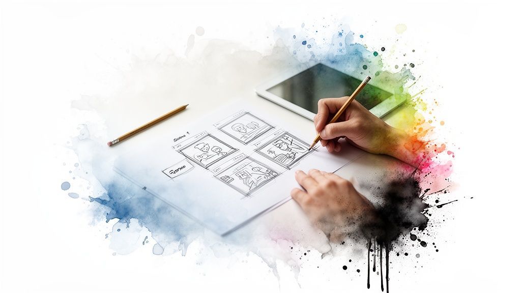 Hands drawing a video storyboard on paper with pencils and a tablet, amidst colorful splashes.