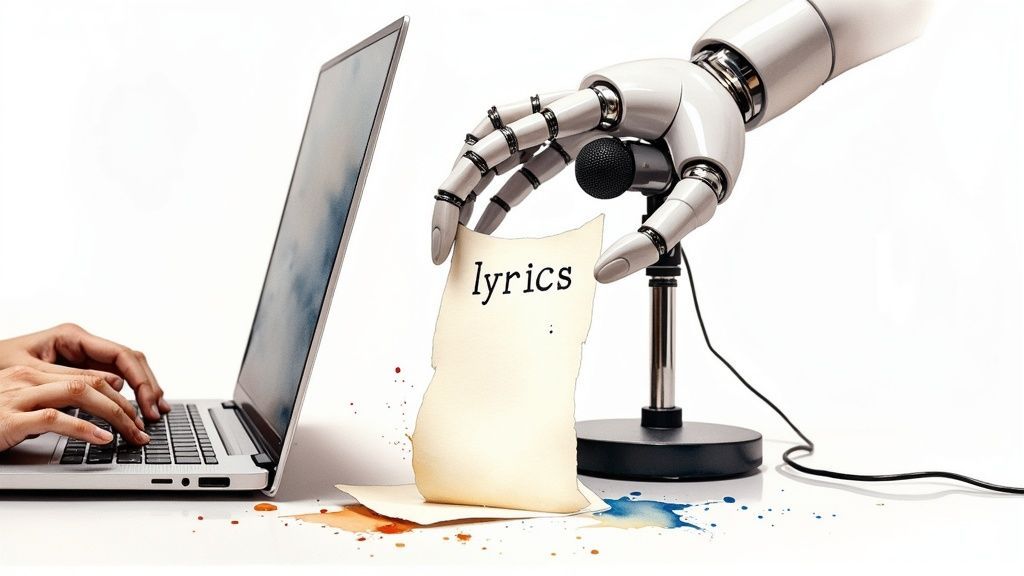 A white robotic hand holds a paper with 'lyrics' while human hands type on a laptop, with paint splatters.