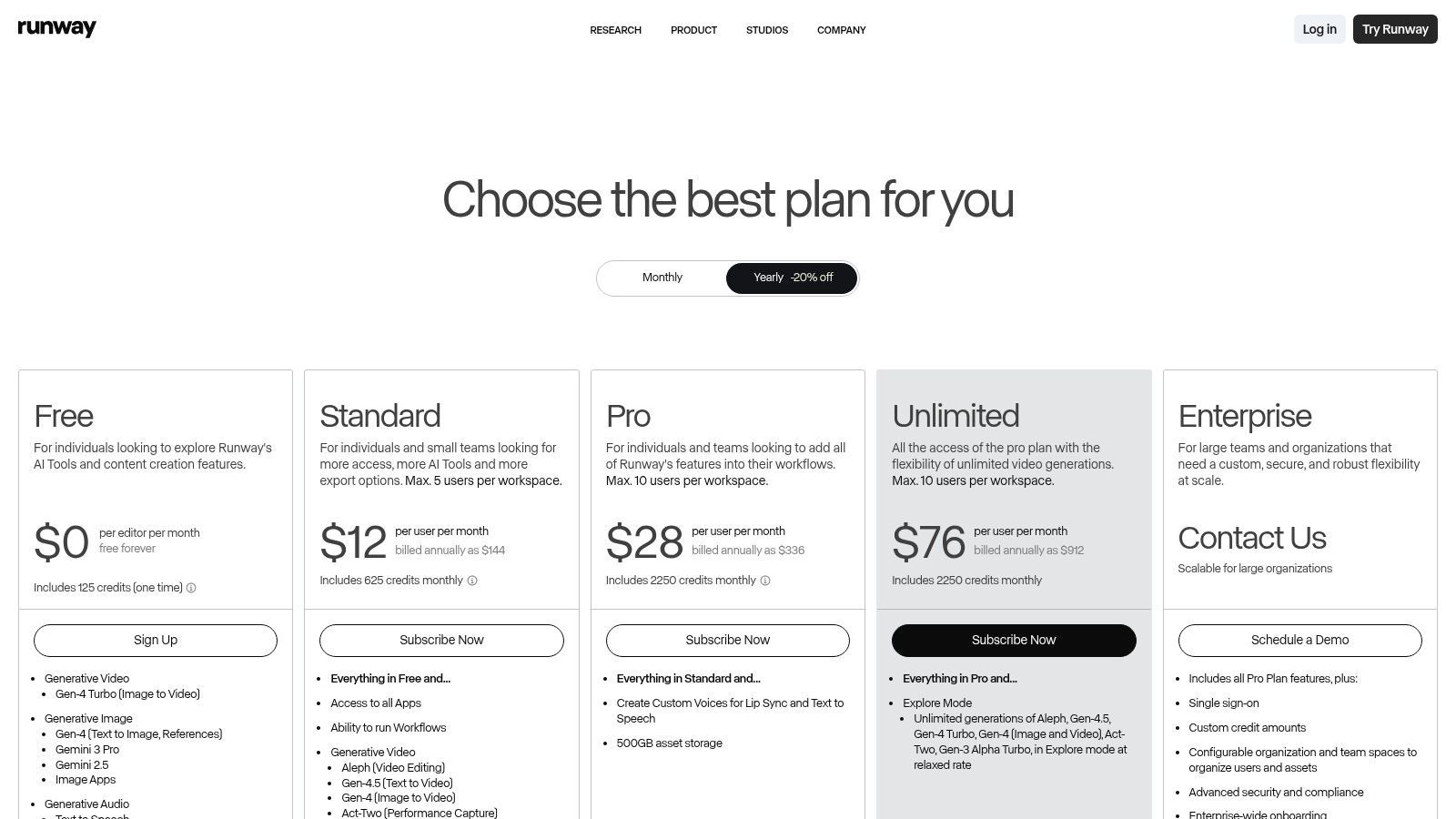 Runway's pricing plans show the credit system for their text-to-video generator