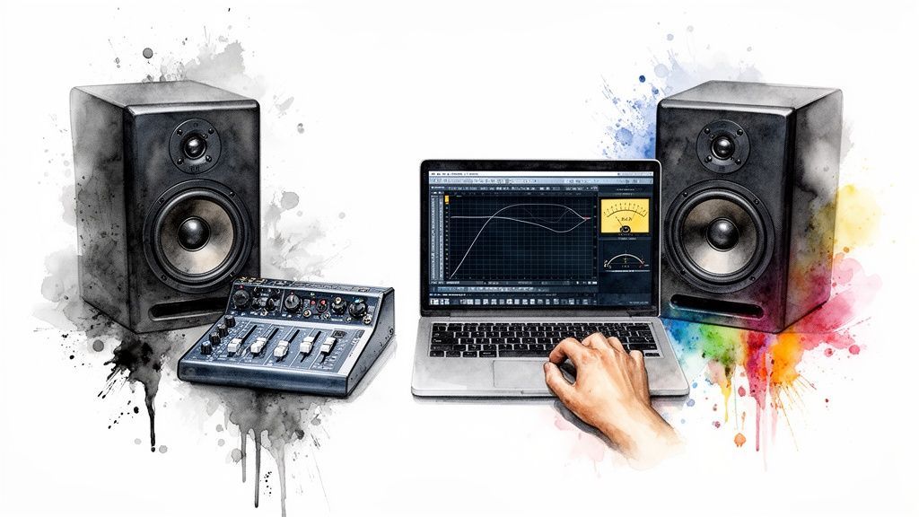 A music production setup featuring studio monitors, an audio mixer, and a laptop.