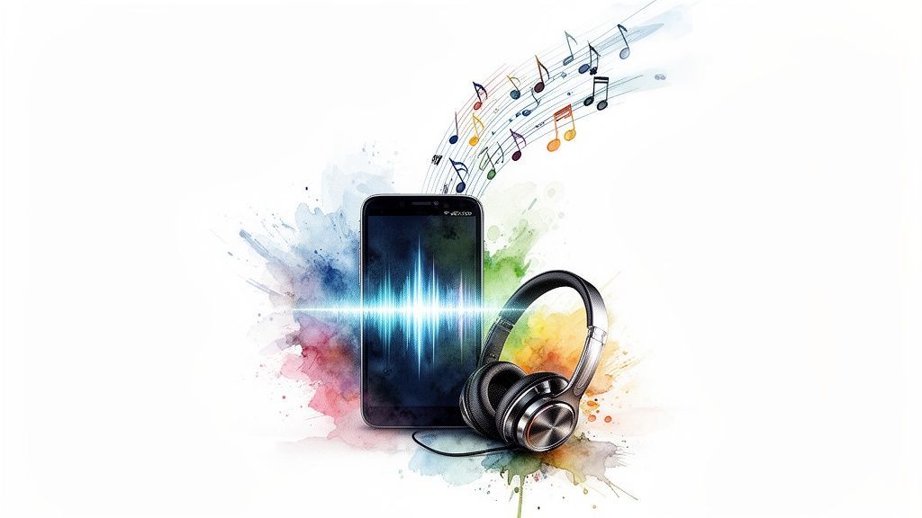 A smartphone displays an audio waveform with headphones and colorful musical notes floating above, surrounded by watercolor splatters.