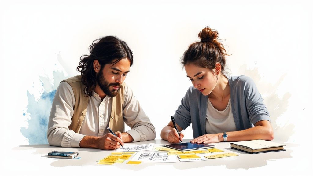 Two professionals collaborating on event planning with documents, sticky notes, and notebooks on desk