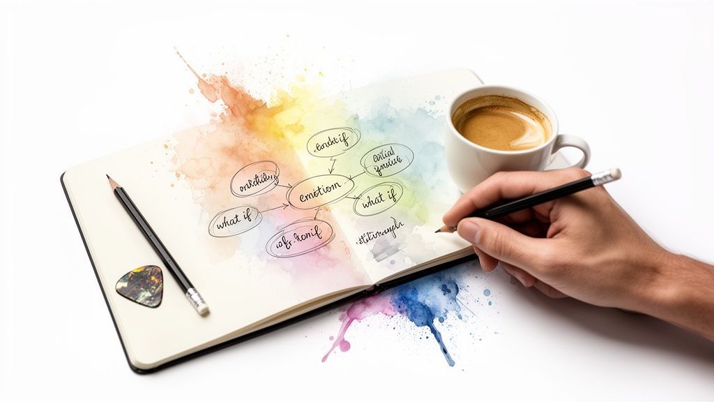 A hand writes a mind map about emotion on a watercolor-splashed notebook with coffee and a pencil.