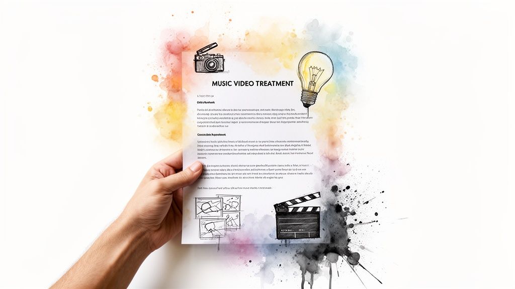 A hand holds a music video treatment document with illustrations of a camera, lightbulb, and clapperboard on a colorful watercolor background.