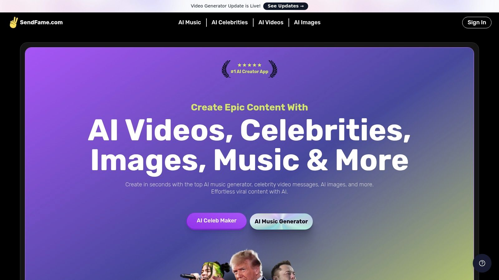 SendFame's platform showcasing its various AI content creation tools, including celebrity videos and music generation.