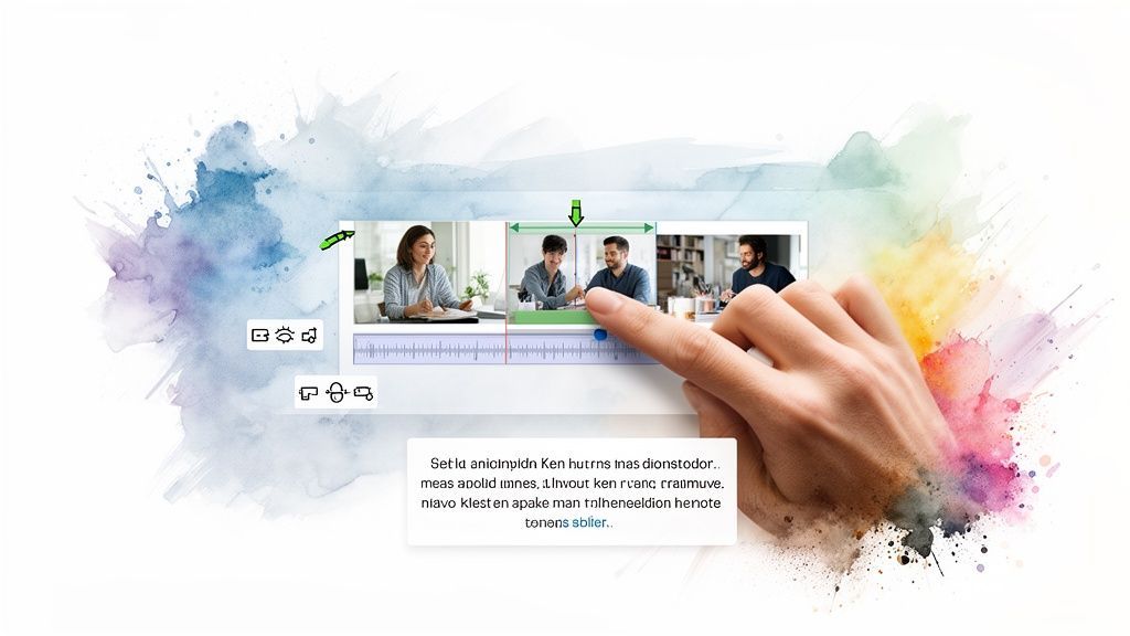 A hand edits a video timeline on a creative software interface, showing people in frames and watercolor art.
