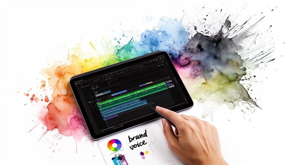 A hand uses a stylus on a tablet showing video editing software, with brand voice notes and colorful watercolor splashes.